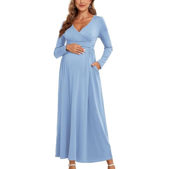 Women's Maternity Maxi Dress Long Sleeve Wrap V Neck with Pockets for Baby  Showe